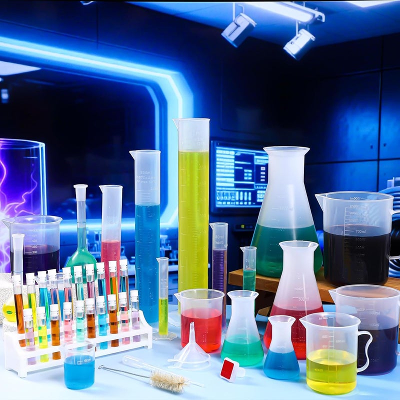 Kingdder 58 Pcs Plastic Beakers Set Include 6 Graduated Cylinder 7 Beakers 6 Flask 10 Droppers 1 Wash Bottle 20 Test Tubes with Rack 2 Brush 5 Funnel for Home Science Lab Party DIY - Image 5